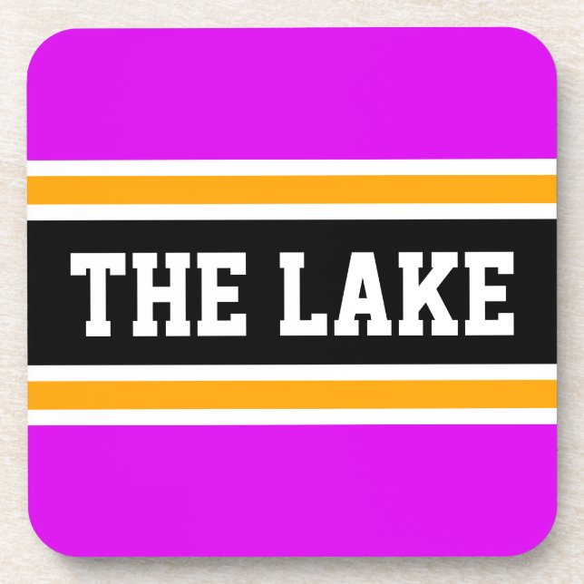 THE LAKE Athletic Bright Pink Orange Black Stripes Beverage Coaster (Front)
