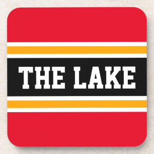 THE LAKE Bright Sporty Red Orange Black Stripes Beverage Coaster