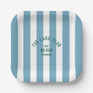 The Lake Club Custom Crest Blue Nautical Stripe Paper Plates