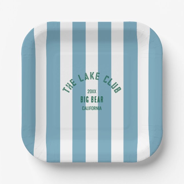 The Lake Club Custom Crest Blue Nautical Stripe Paper Plates (Front)