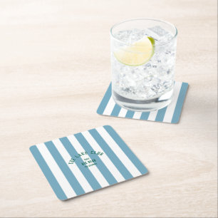 The Lake Club Custom Crest Blue Nautical Stripe Square Paper Coaster