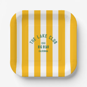 The Lake Club Custom Crest Yellow Nautical Stripe Paper Plates