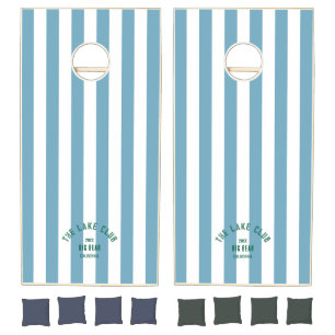 The Lake Club Green Crest Blue Nautical Stripe  Cornhole Set