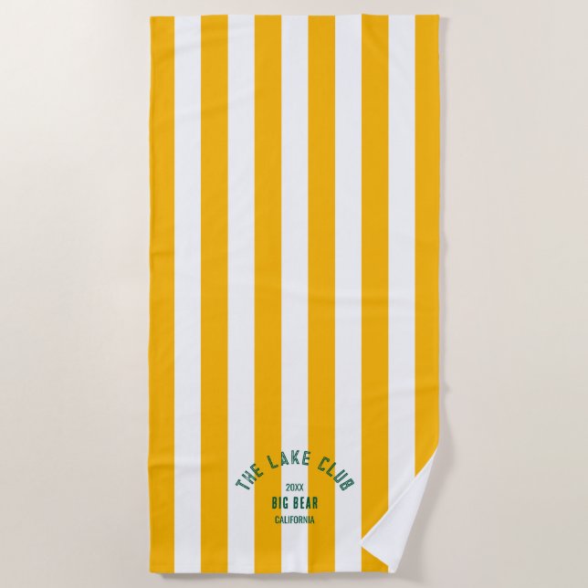 The Lake Club Green Crest Yellow Nautical Stripe  Beach Towel (Front)