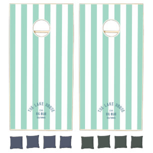 The Lake House Crest Turquoise Nautical Stripe  Cornhole Set