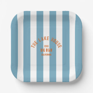 The Lake House Custom Crest Blue Nautical Stripe Paper Plates