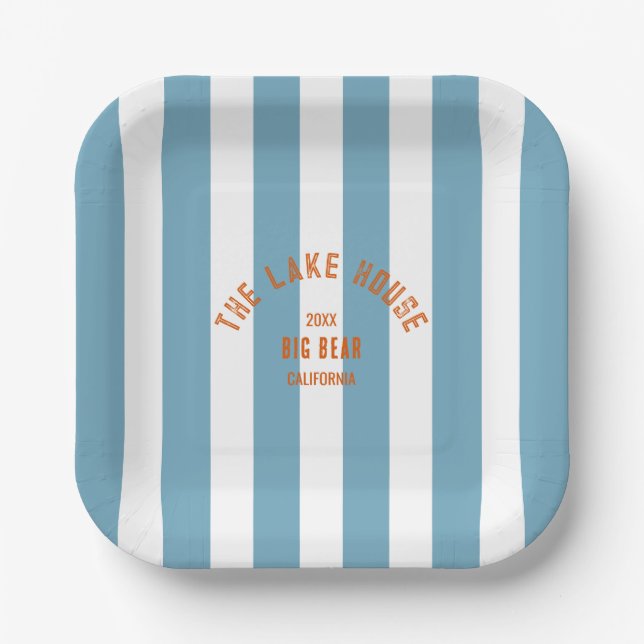 The Lake House Custom Crest Blue Nautical Stripe Paper Plates (Front)