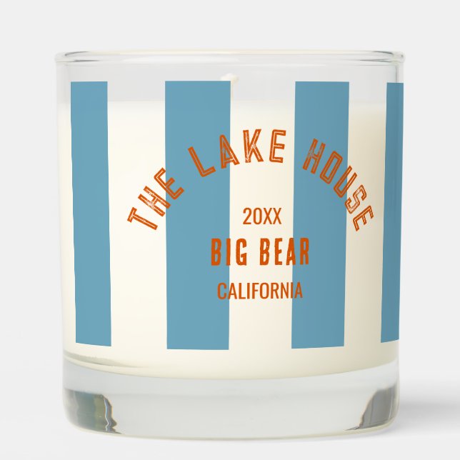 The Lake House Custom Crest Blue Nautical Stripe Scented Candle (Front)