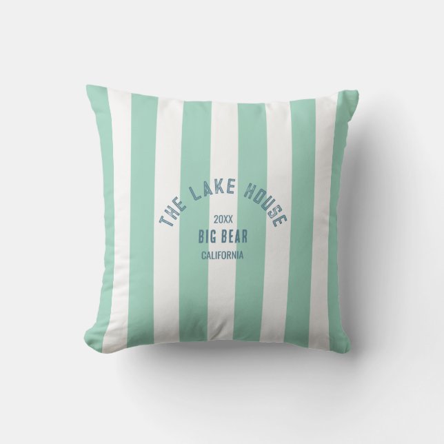 The Lake House Custom Crest Green Nautical Stripe Outdoor Pillow (Front)
