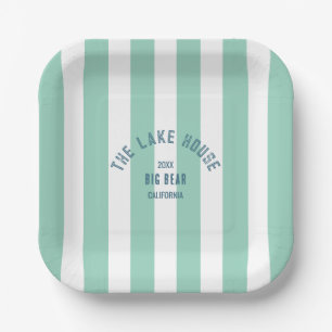 The Lake House Custom Crest Green Nautical Stripe Paper Plates