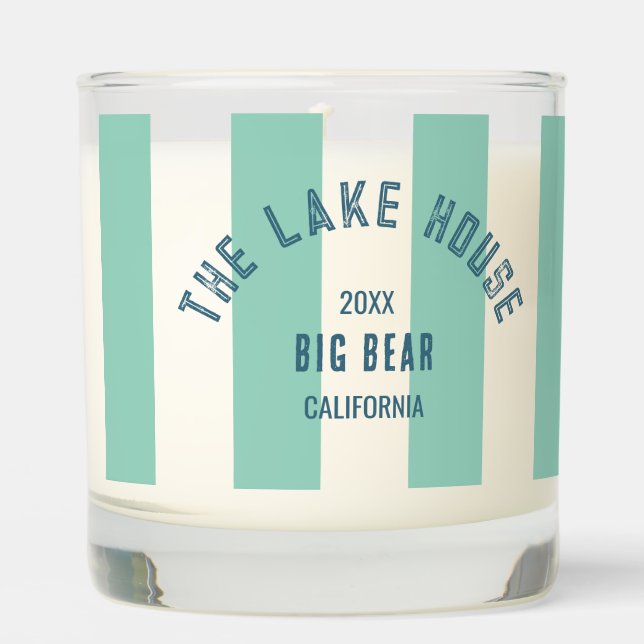 The Lake House Custom Crest Green Nautical Stripe Scented Candle (Front)
