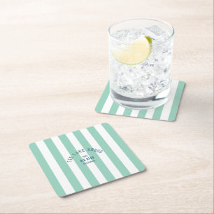 The Lake House Custom Crest Green Nautical Stripe Square Paper Coaster