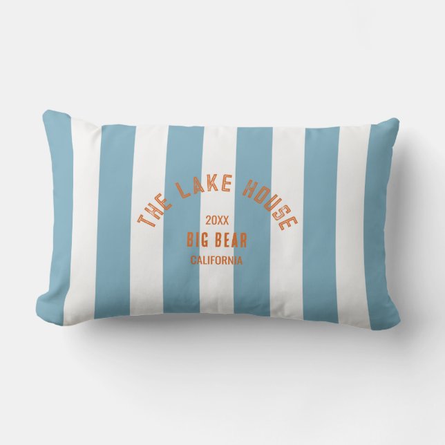 The Lake House Orange Crest Blue Nautical Stripe Lumbar Pillow (Front)