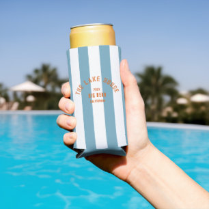 The Lake House Orange Crest Blue Nautical Stripe Seltzer Can Cooler