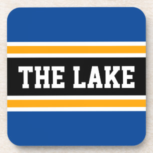 THE LAKE Royal Blue White Orange Black Stripes Beverage Coaster