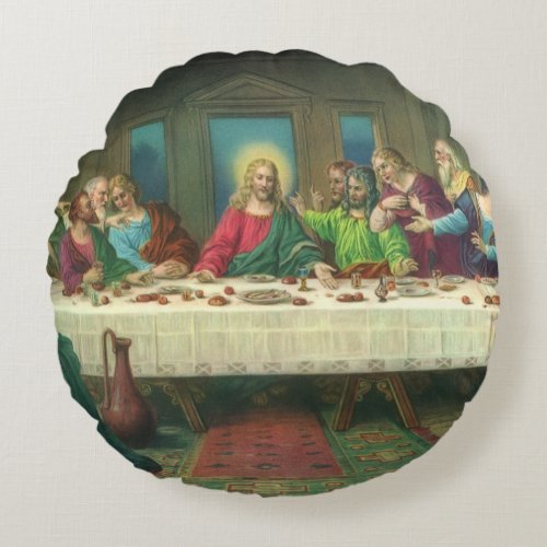 The Last Supper Originally by Leonardo da Vinci Round Pillow