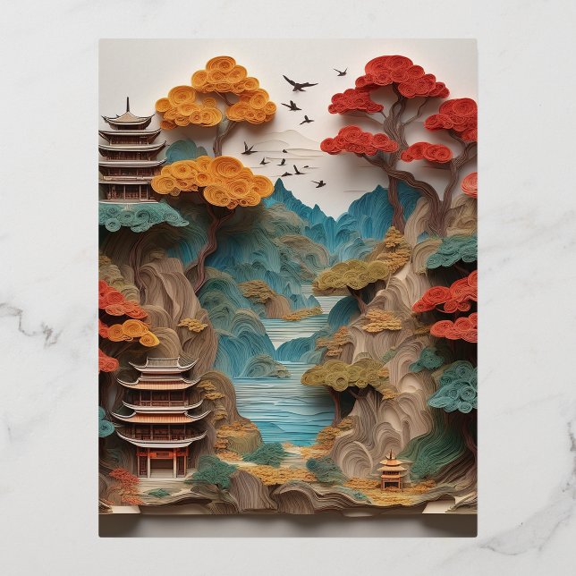 The layered paper Chinese cliff landscape is a bea Foil Holiday Postcard (Front)