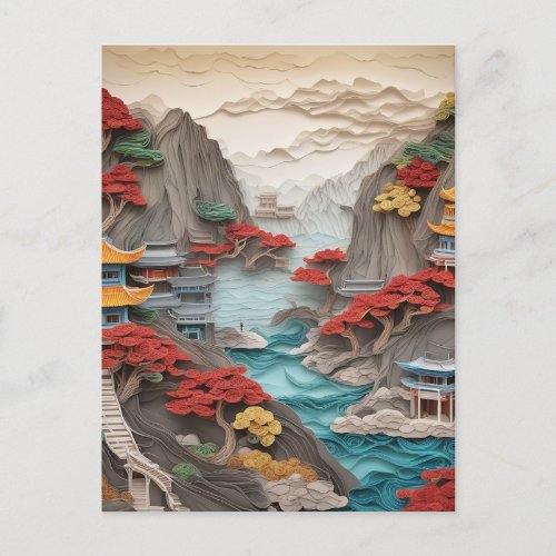The layered paper Chinese cliff landscape is a bea Holiday Postcard