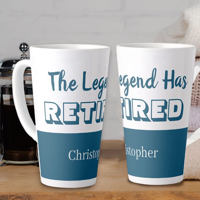 The Legend Has Retired Blue and White Retirement Latte Mug (The Legend has Retired blue and white personalized retirement mug)