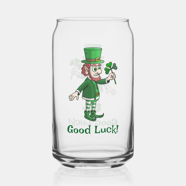 The Leprechaun holding a shamrock Can Glass (Front)
