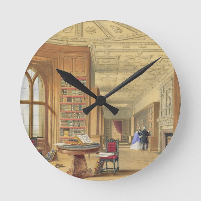 The Library, Windsor Castle, 1838 (colour litho) Round Clock (Front)