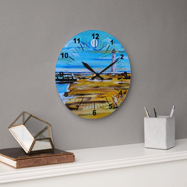 The Lighthouse on the Beach Painting by Alfred Fox Large Clock (Office)