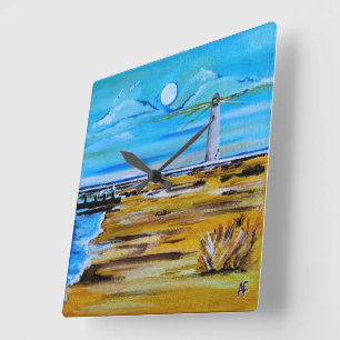 The Lighthouse on the Beach Painting by Alfred Fox Square Wall Clock
