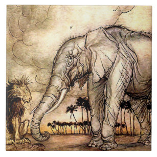 “The Lion and The Elephant” by Arthur Rackham Ceramic Tile
