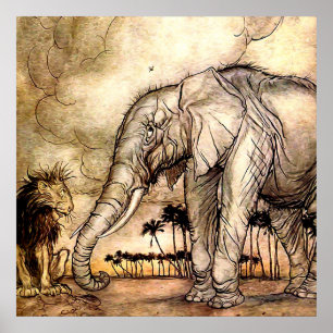 “The Lion and The Elephant” by Arthur Rackham Poster