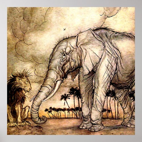 The Lion and The Elephant by Arthur Rackham Poster