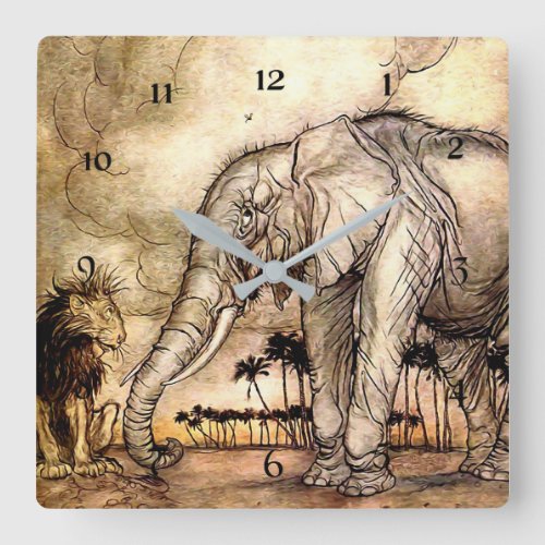 The Lion and The Elephant by Arthur Rackham Square Wall Clock