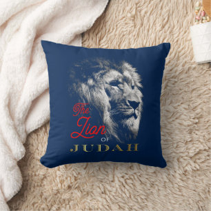 The Lion of Judah Navy Blue Red Gold Christian Throw Pillow
