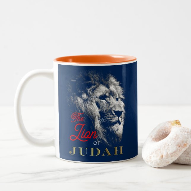 The Lion of Judah Navy Blue Red Gold Christian Two-Tone Coffee Mug (With Donut)