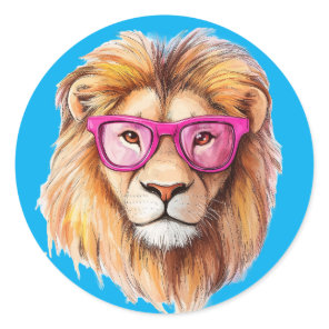 The Lion with Pink Glasses Dark Blue Background Classic Round Sticker