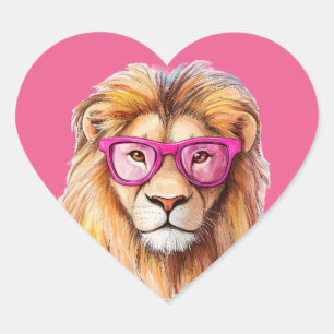 The Lion with Pink Glasses Pink Background Heart Sticker