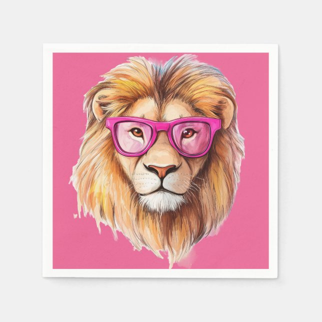 The Lion with Pink Glasses - Pink Background Napkins (Front)