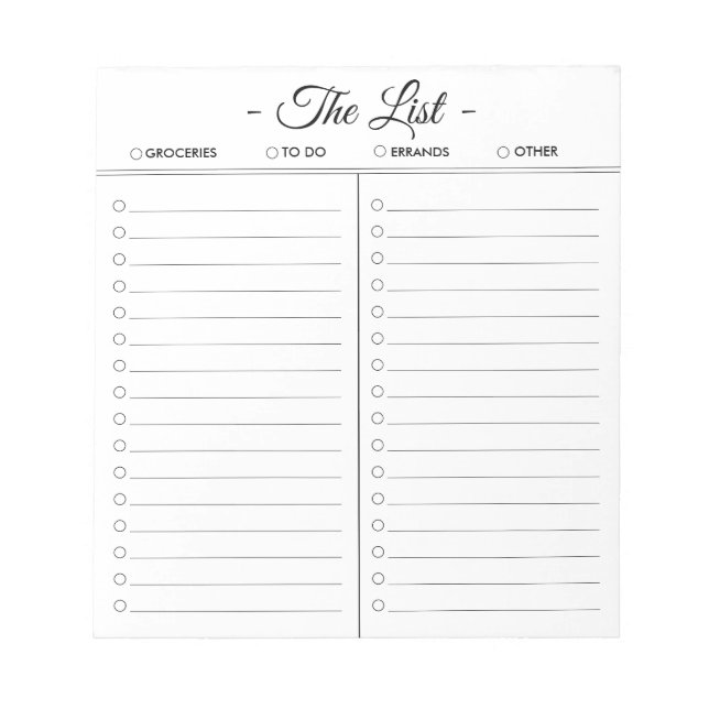 The List Customizable To Do List Notepad (Front)