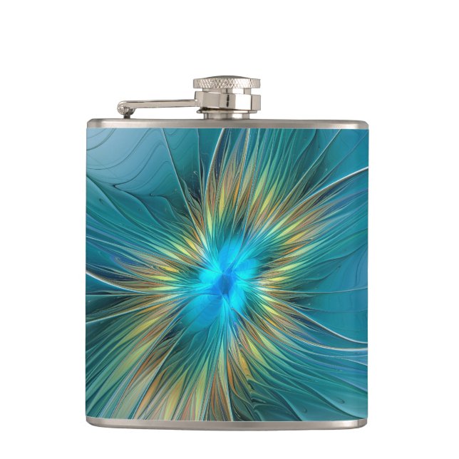 The little Beauty Modern Blue Gold Fractal Flower Flask (Front)
