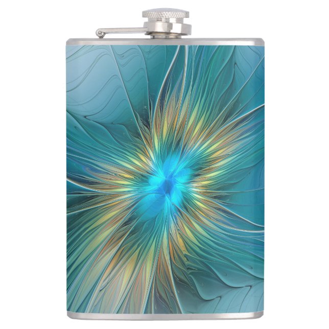 The little Beauty Modern Blue Gold Fractal Flower Flask (Front)