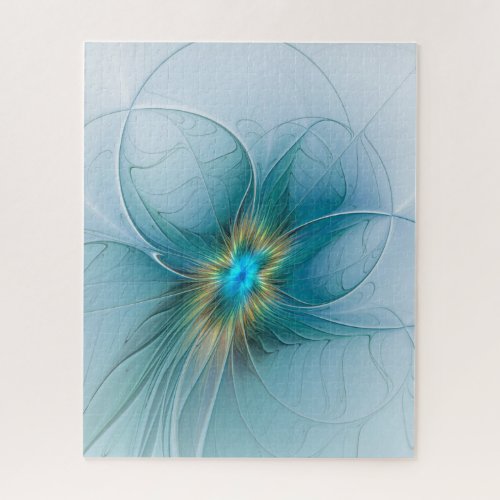 The little Beauty Modern Blue Gold Fractal Flower Jigsaw Puzzle