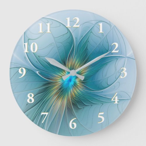 The little Beauty Modern Blue Gold Fractal Flower Large Clock