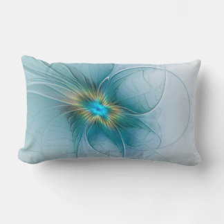The little Beauty Modern Blue Gold Fractal Flower Lumbar Pillow