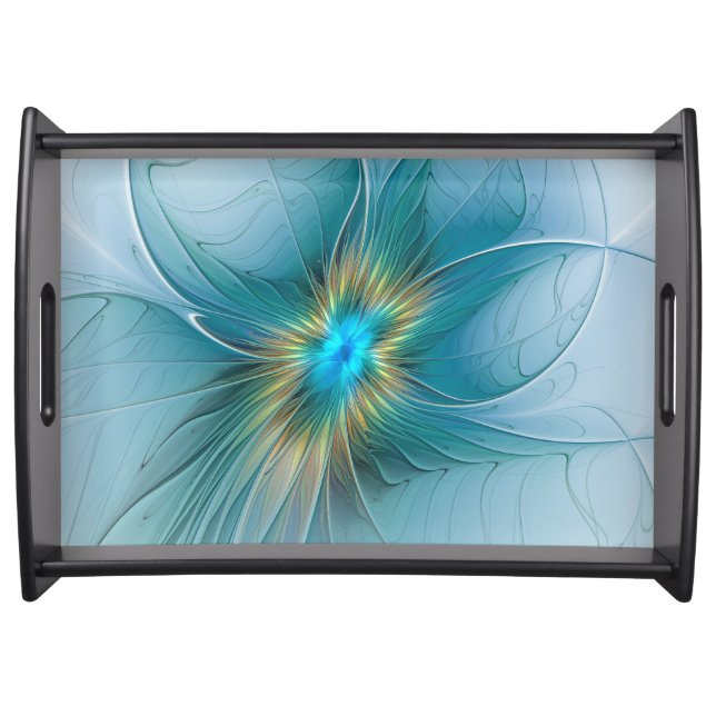 The little Beauty Modern Blue Gold Fractal Flower Serving Tray (Front)