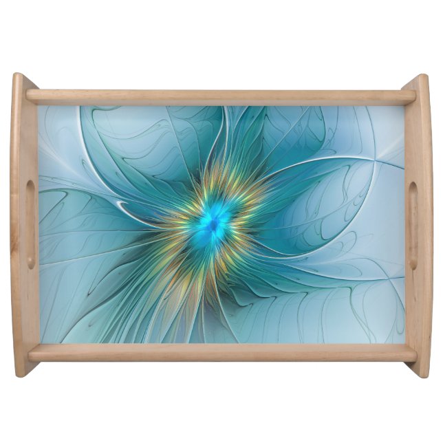 The little Beauty Modern Blue Gold Fractal Flower Serving Tray (Front)