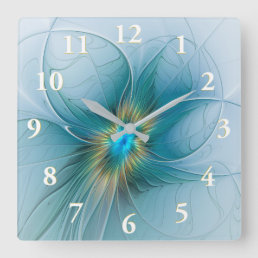 The little Beauty Modern Blue Gold Fractal Flower Square Wall Clock