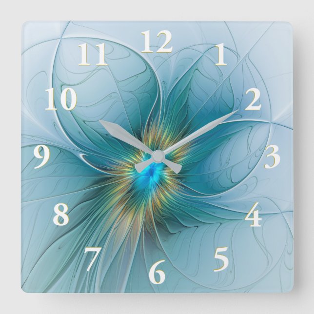The little Beauty Modern Blue Gold Fractal Flower Square Wall Clock (Front)
