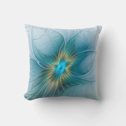 The little Beauty Modern Blue Gold Fractal Flower Throw Pillow