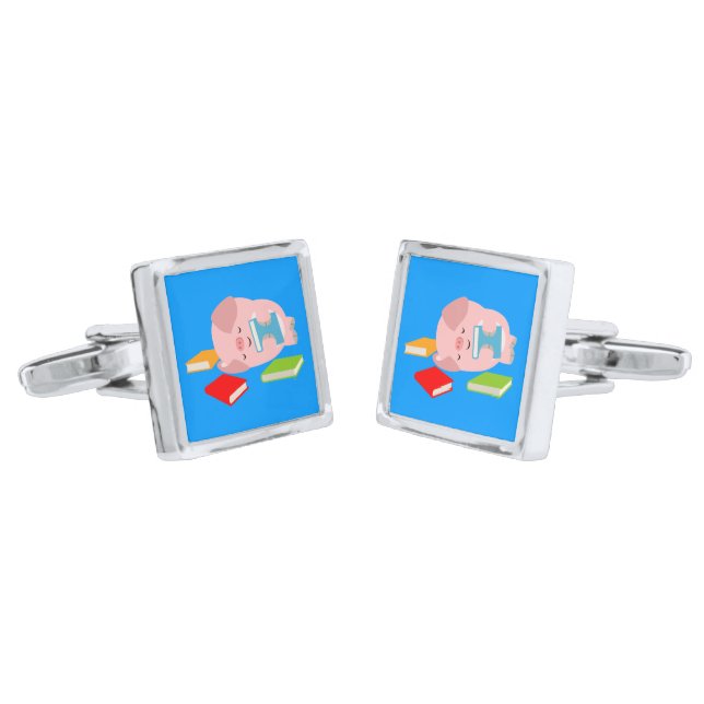 The Little Book Lover (Cartoon Pig) Cufflinks (Angled)