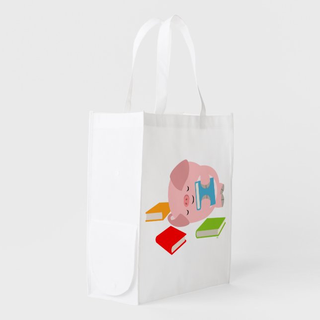 The Little Book Lover (Cartoon Pig) Reusable Bag (Front Side)