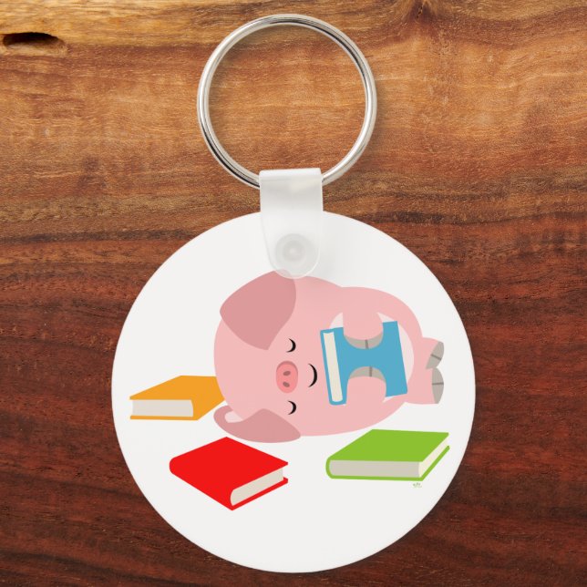 The Little Book Lover (Cute Cartoon Pig) Keyring (Front)
